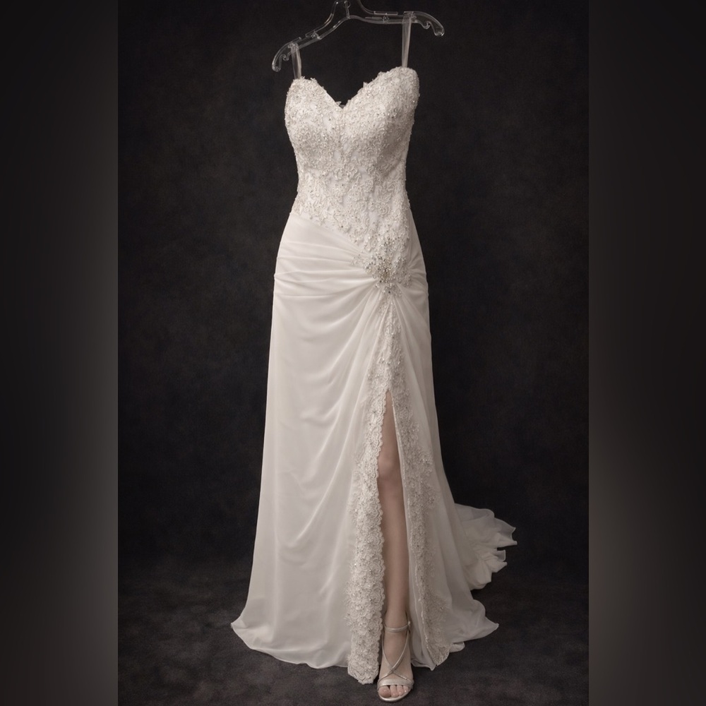 Moonlight Strapless White Lace Bodice Wedding Gown with Side Slit